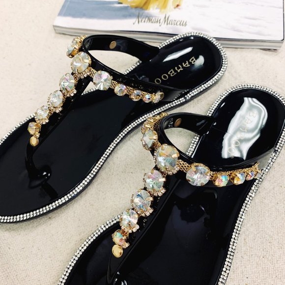 NEW🔥 Bling Rhinestone Crystal T-Strap Flat Jelly Slide Sandals Thong Open Toe - Picture 4 of 6